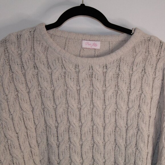 Pink Lily beige/tan long-sleeve crew neck chunky cable knit cropped sweater L - Picture 2 of 9
